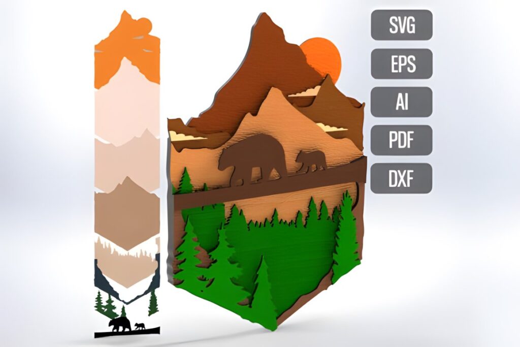 47 Laser Cut Wall Art Ideas for Stylish Home Interiors 30 Laser cut wall art ideas featuring layered forest and bear silhouette with mountain and sun background in vector format