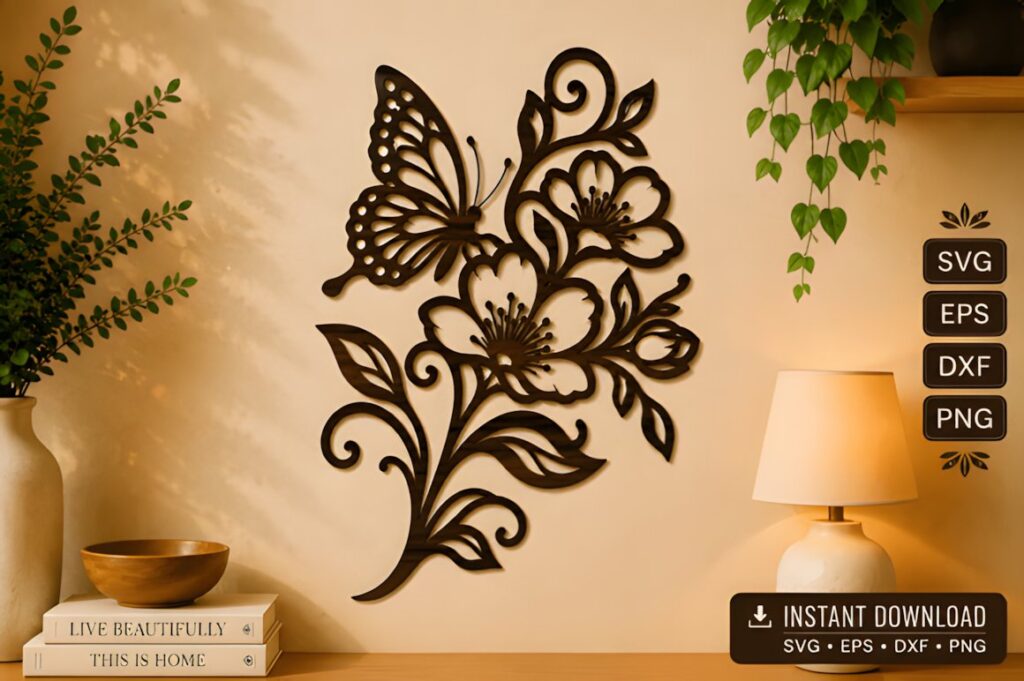 47 Laser Cut Wall Art Ideas for Stylish Home Interiors 32 Laser cut wall art ideas featuring a butterfly and floral design in dark wood on a beige wall