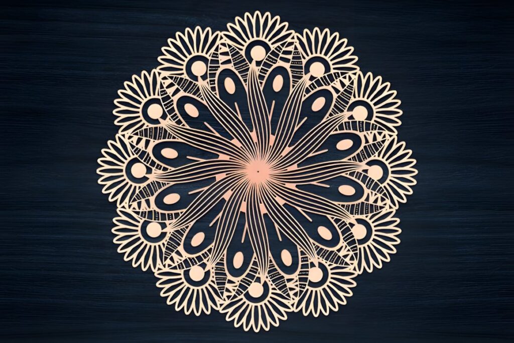 47 Laser Cut Wall Art Ideas for Stylish Home Interiors 5 Intricate mandala laser cut wall art with symmetrical floral and geometric patterns on dark — laser cut wall art ideas