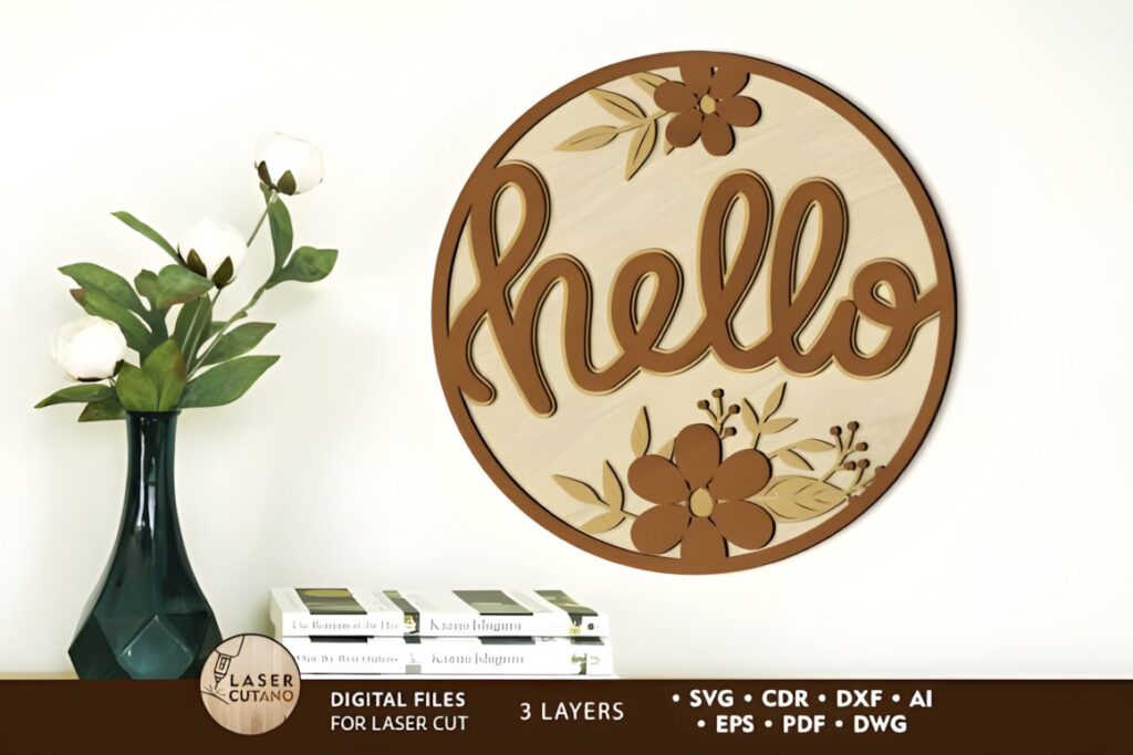 19 Laser Cut Panels for Interior Design to Make at Home 17 Round multilayer laser cut panel with the word hello and floral design in brown and — laser cut panels for interior design