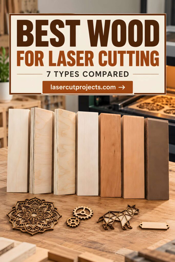 What Wood Is Best for Laser Cutting? A Complete Guide 1 Best wood for laser cutting showing seven wood types and laser-cut wooden ornaments on a table