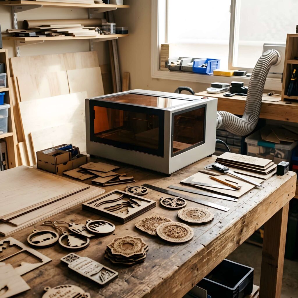 CO2 vs Diode Laser: 5 Key Differences Beginners Must Know 9 CO2 vs diode laser for cutting and engraving showing laser machine and wooden engraved items on a workbench