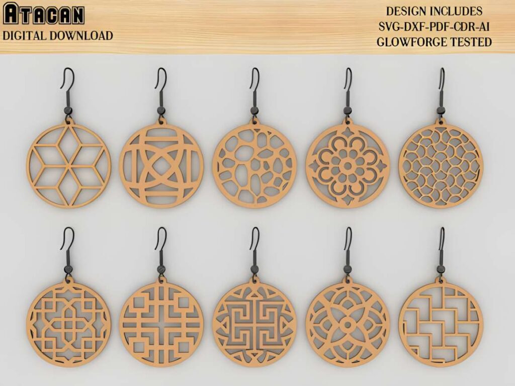 15 Laser Cut Acrylic Earring SVG Files 3 laser cut acrylic earring SVG files showing ten round earrings with geometric and floral cutout designs in wood tone