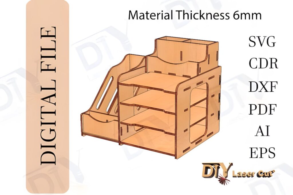 17 Laser Cut Desk Organizer Templates for DIY Laser Projects 12 Laser cut desk organizer templates showing a wooden desk organizer design with 6mm material thickness and multiple file