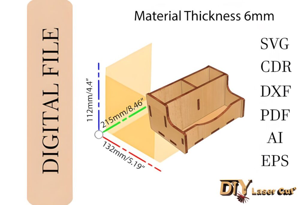17 Laser Cut Desk Organizer Templates for DIY Laser Projects 14 laser cut desk organizer templates showing 3D design with dimensions and material thickness 6mm