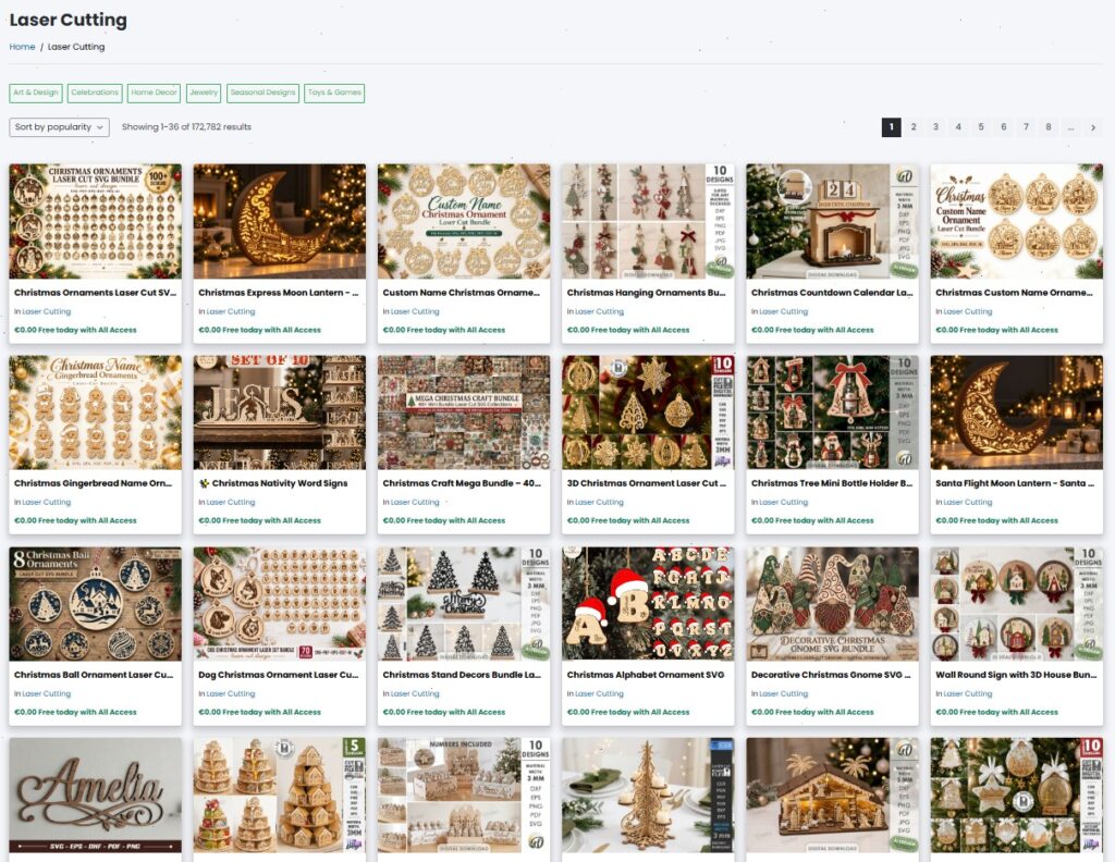 Laser Cutter Ventilation: What You Need to Know 6 types of laser cutting machines shown in a digital design library with various Christmas-themed laser cut templates